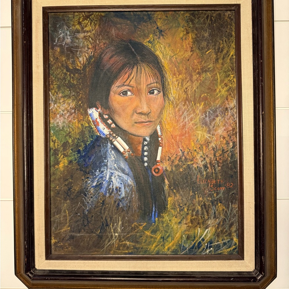 Native American Portrait Art with Brown Frame